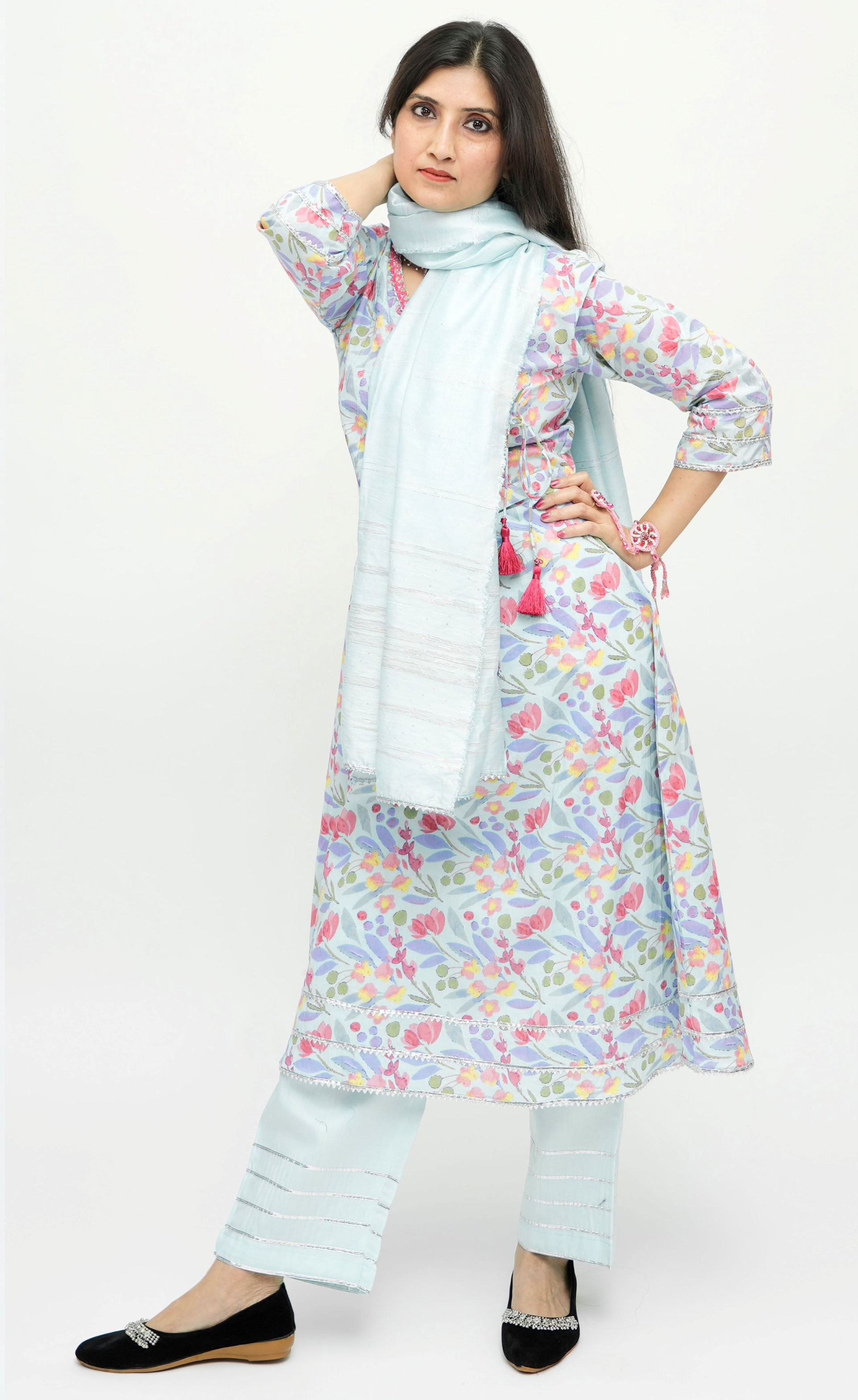 Pastel Bloom Angrakha Style Three-Piece Cotton Set