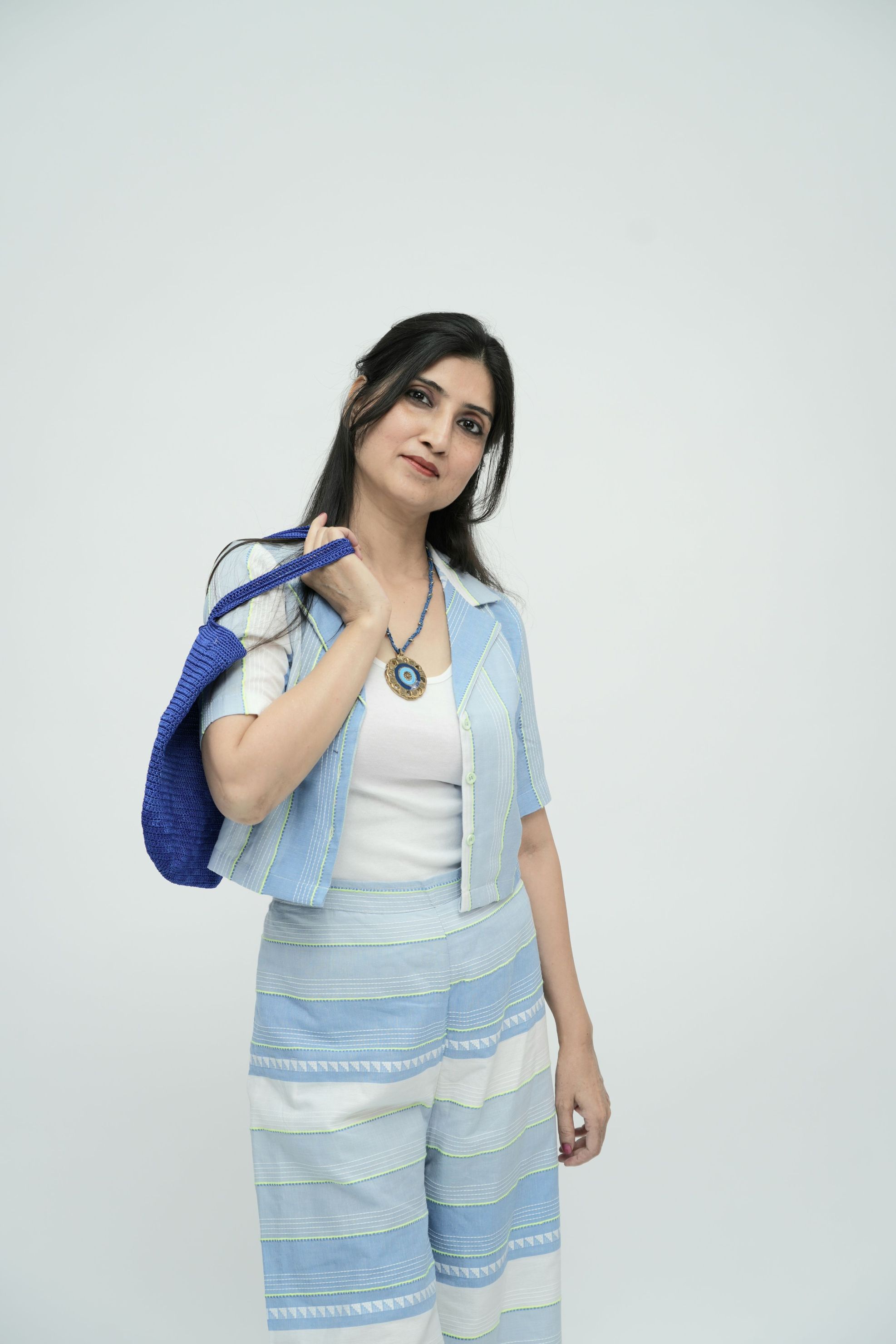 Striped Summer Co-ord Set with Crop Shirt – Blue & White