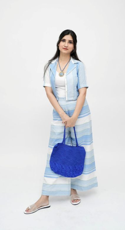 Striped Summer Co-ord Set with Crop Shirt – Blue & White